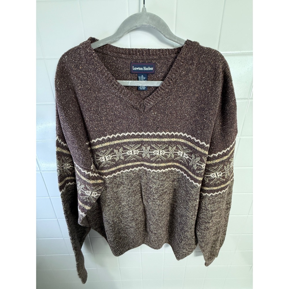 Lawton Harbor Mens XL Brown Silk Blend Fair Isle Snowflake V-Neck Sweater - Picture 2 of 6